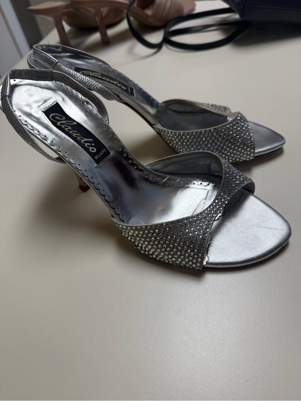 Clarito Silver Crystal Slingback Heels